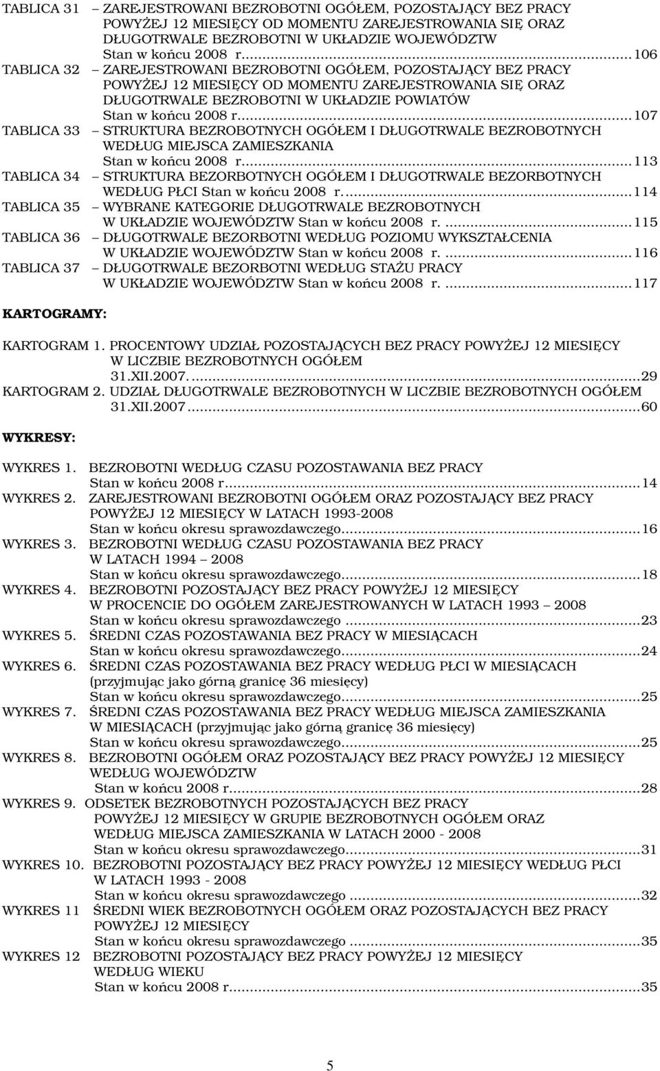 ..107 TABLICA 33 STRUKTURA BEZROBOTNYCH OGÓŁEM I DŁUGOTRWALE BEZROBOTNYCH WEDŁUG MIEJSCA ZAMIESZKANIA Stan w końcu 2008 r.