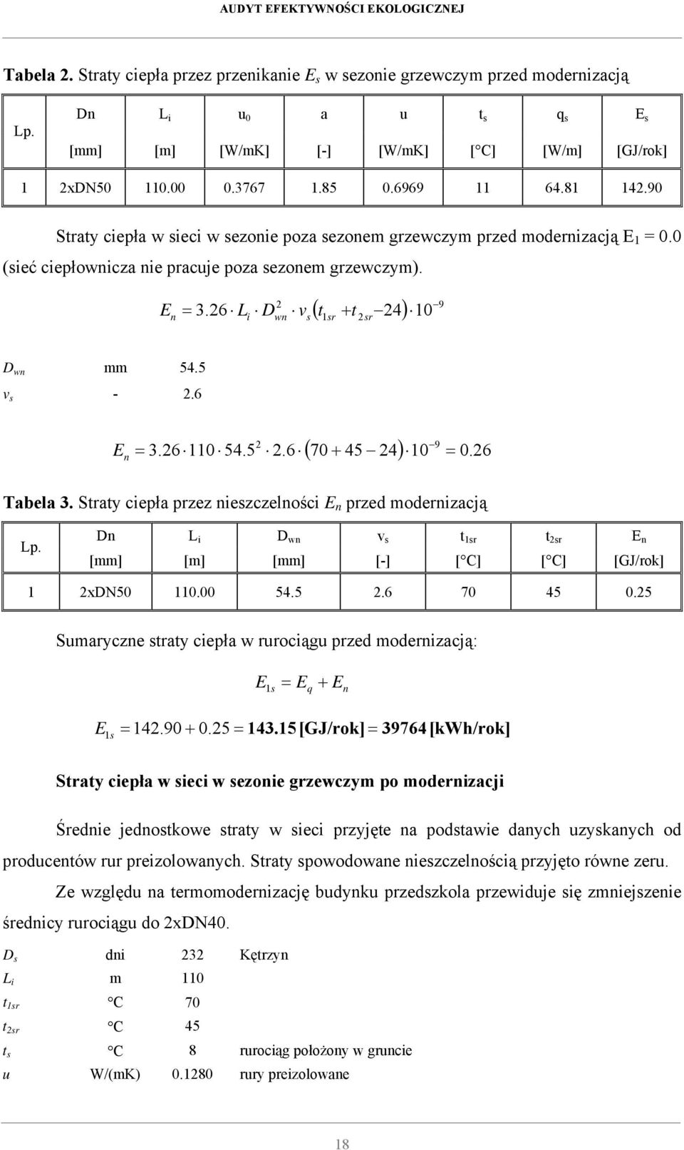 90 Straty ciepła w sieci w sezonie poza sezonem grzewczym przed modernizacją E 1 = 0.0 (sieć ciepłownicza nie pracuje poza sezonem grzewczym). E n 2 = 3.