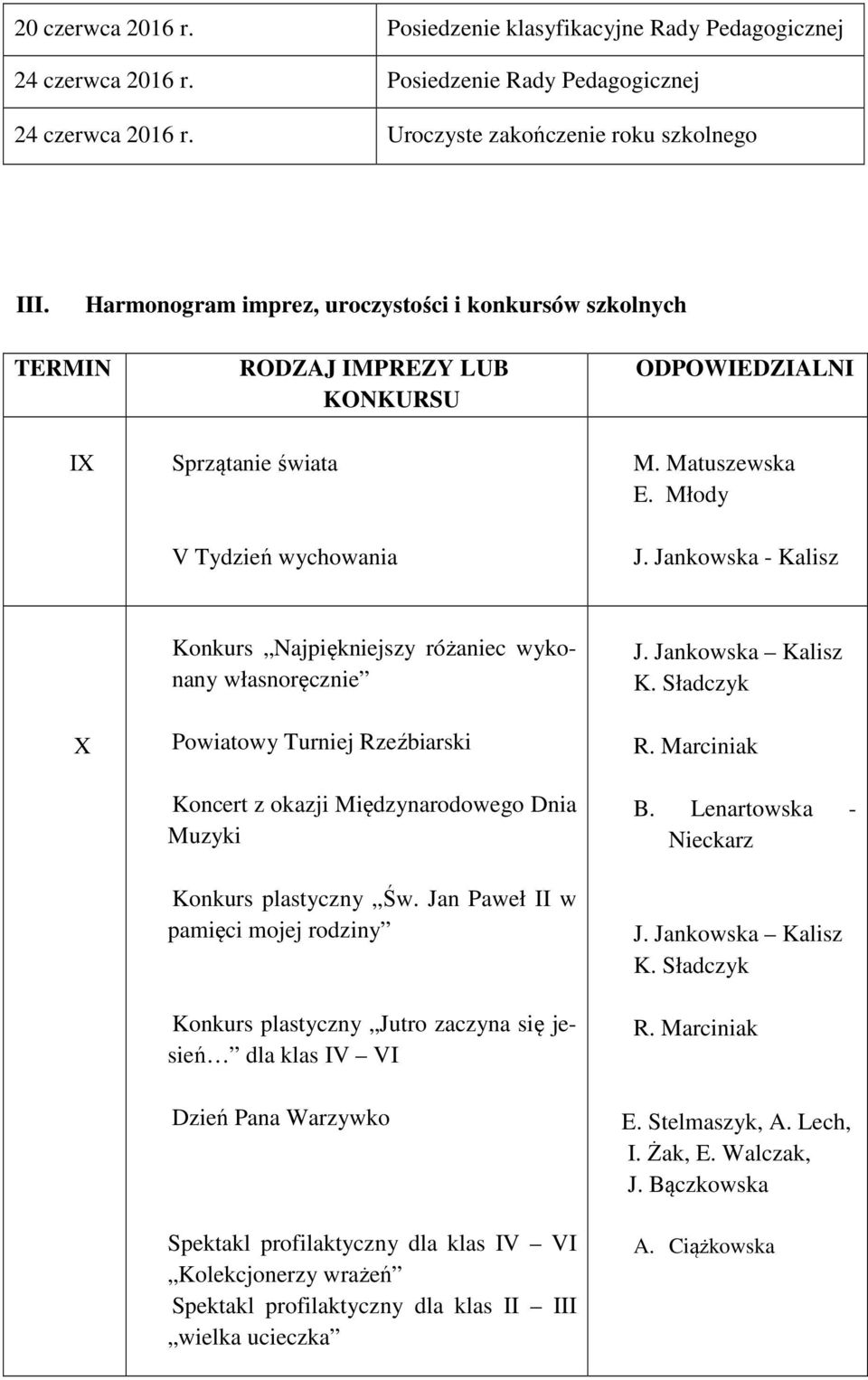 Jankowska - Kalisz X Konkurs Najpiękniejszy różaniec wykonany własnoręcznie Powiatowy Turniej Rzeźbiarski Koncert z okazji Międzynarodowego Dnia Muzyki Konkurs plastyczny Św.