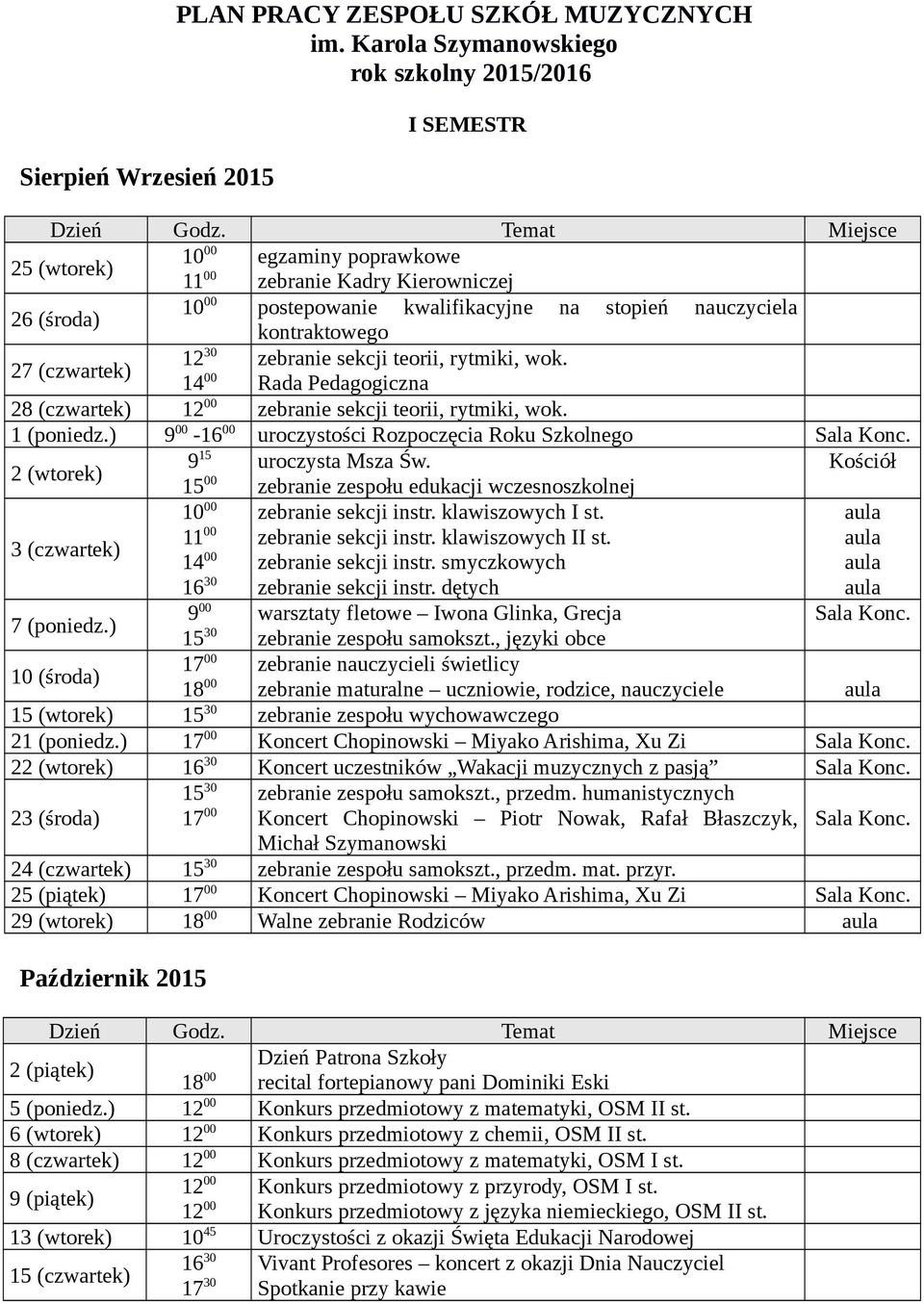 (czwartek) 12 30 zebranie sekcji teorii, rytmiki, wok. Rada Pedagogiczna 28 (czwartek) 12 00 zebranie sekcji teorii, rytmiki, wok. 1 (poniedz.