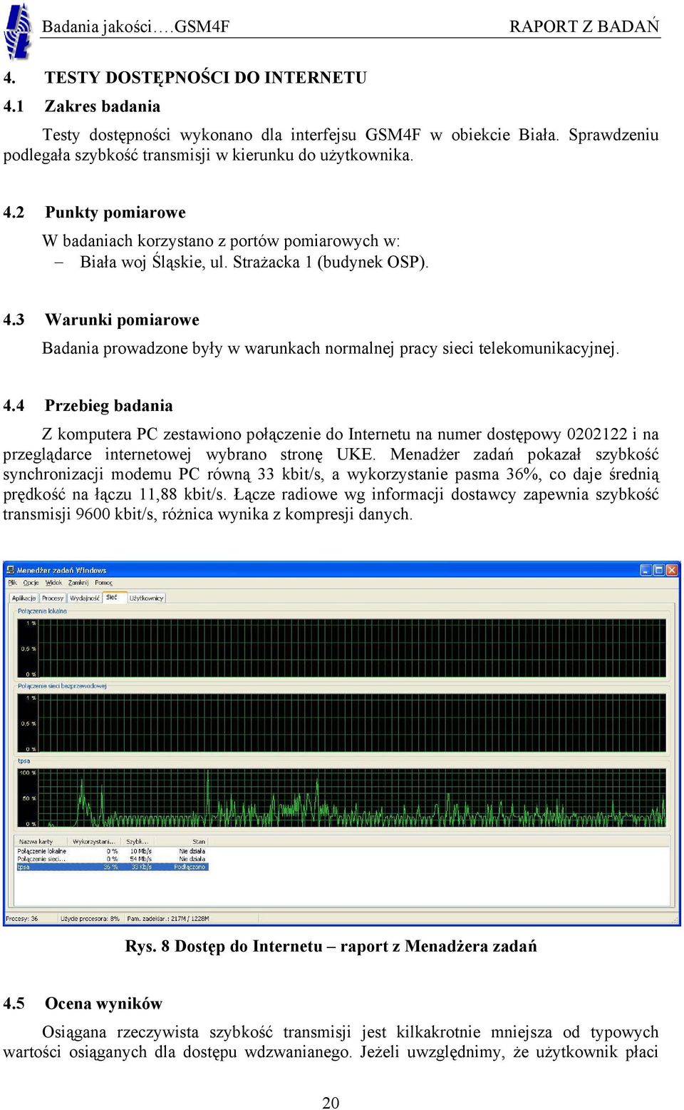 Menadżer zadań pokazał szybkość synchronizacji modemu PC równą 33 kbit/s, a wykorzystanie pasma 36%, co daje średnią prędkość na łączu 11,88 kbit/s.