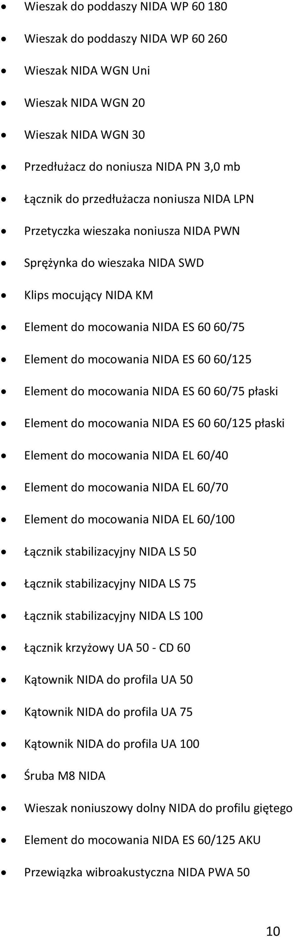 mocowania NIDA ES 60 60/75 płaski Element do mocowania NIDA ES 60 60/125 płaski Element do mocowania NIDA EL 60/40 Element do mocowania NIDA EL 60/70 Element do mocowania NIDA EL 60/100 Łącznik