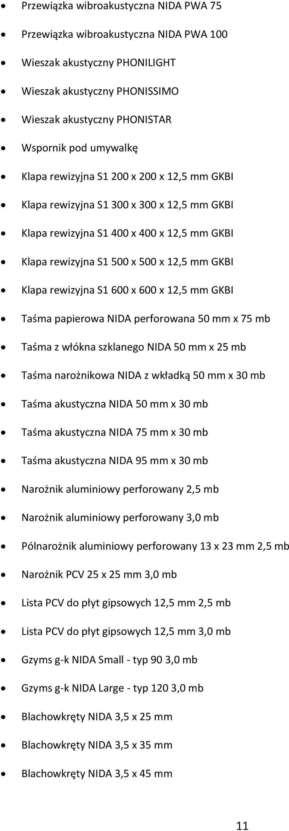 x 12,5 mm GKBI Taśma papierowa NIDA perforowana 50 mm x 75 mb Taśma z włókna szklanego NIDA 50 mm x 25 mb Taśma narożnikowa NIDA z wkładką 50 mm x 30 mb Taśma akustyczna NIDA 50 mm x 30 mb Taśma