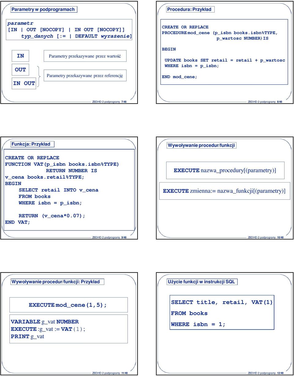 mod_cene; ZBDiHD-2-podprogramy 7/48 ZBDiHD-2-podprogramy 8/48 Funkcja: Przykład FUNCTION VAT(p_isbn books.isbn%type) RETURN NUMBER IS v_cena books.