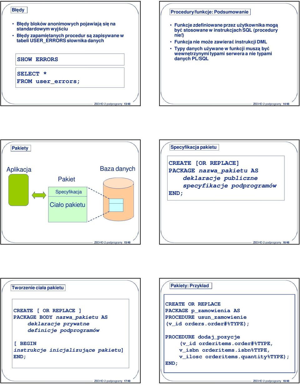 ) Funkcja nie może zawierać instrukcji DML Typy danych używane w funkcji muszą być wewnętrzynymi typami serwera a nie typami danych PL/SQL SELECT * FROM user_errors; ZBDiHD-2-podprogramy 13/48