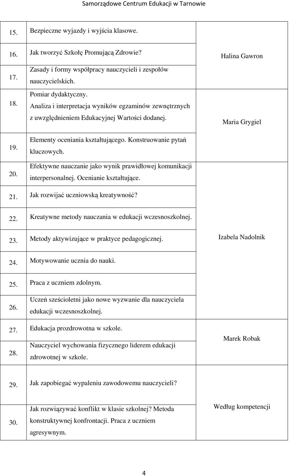 Efektywne nauczanie jako wynik prawidłowej komunikacji interpersonalnej. Ocenianie kształtujące. Maria Grygiel 21. Jak rozwijać uczniowską kreatywność? 22.