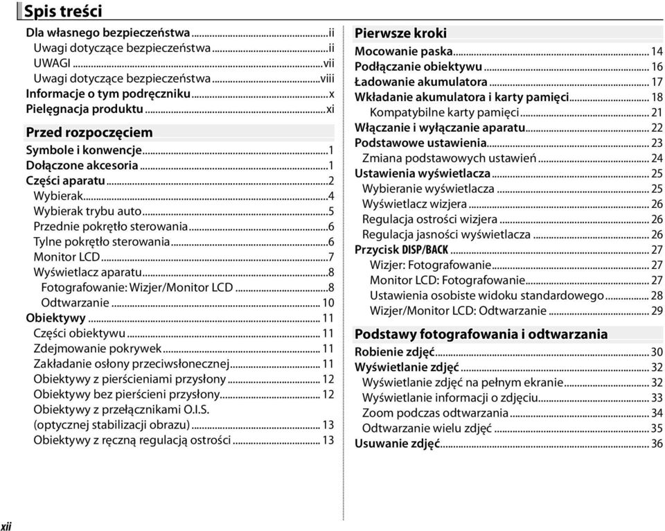 ..6 Monitor LCD...7 Wyświetlacz aparatu...8 Fotografowanie: Wizjer/Monitor LCD...8 Odtwarzanie... 10 Obiektywy... 11 Części obiektywu... 11 Zdejmowanie pokrywek.