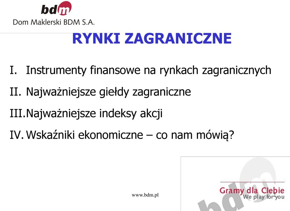 II. Najważniejsze giełdy zagraniczne III.