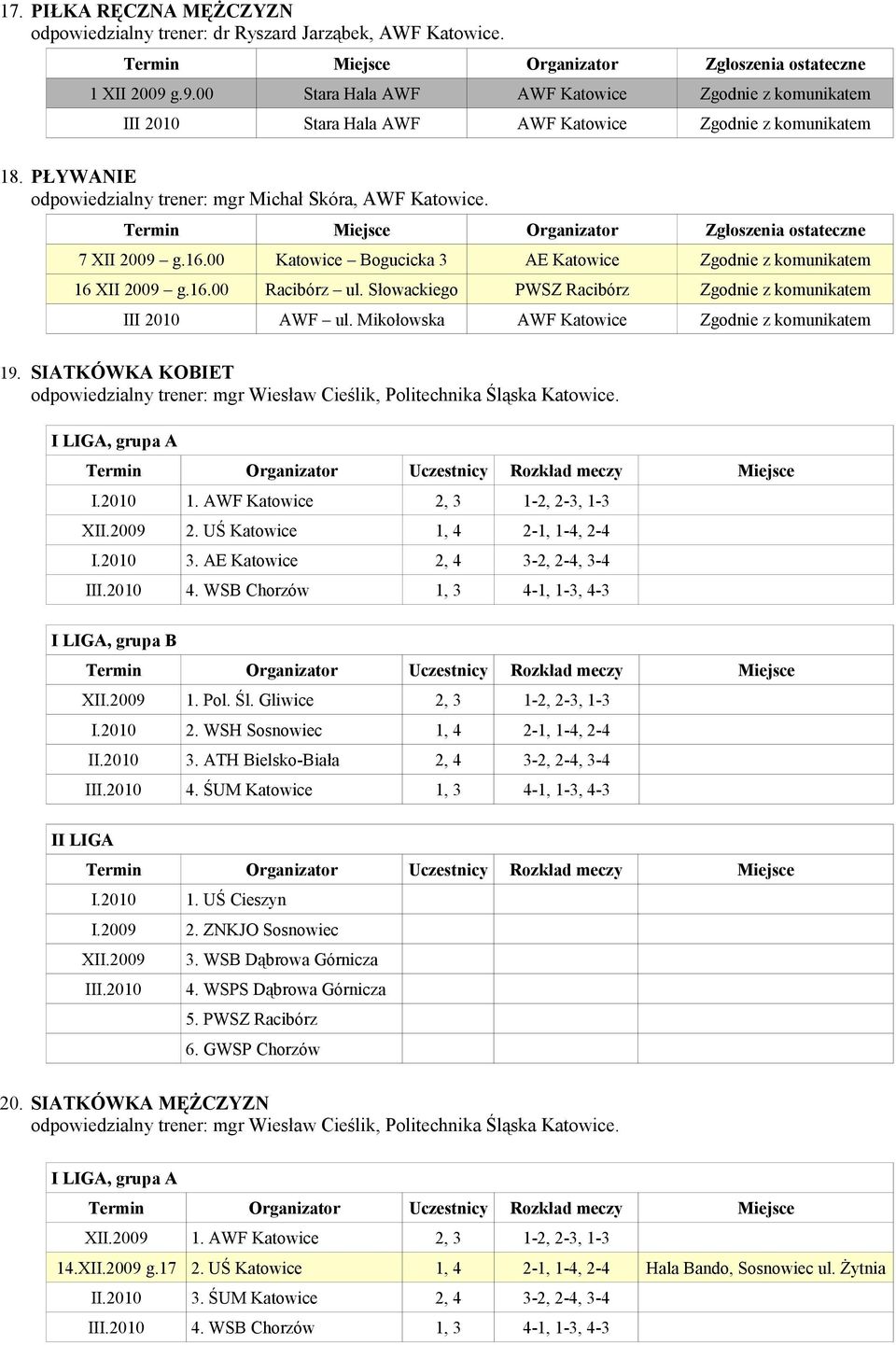 00 Katowice Bogucicka 3 AE Katowice Zgodnie z komunikatem 16 XII 2009 g.16.00 Racibórz ul. Słowackiego PWSZ Racibórz Zgodnie z komunikatem III 2010 AWF ul.