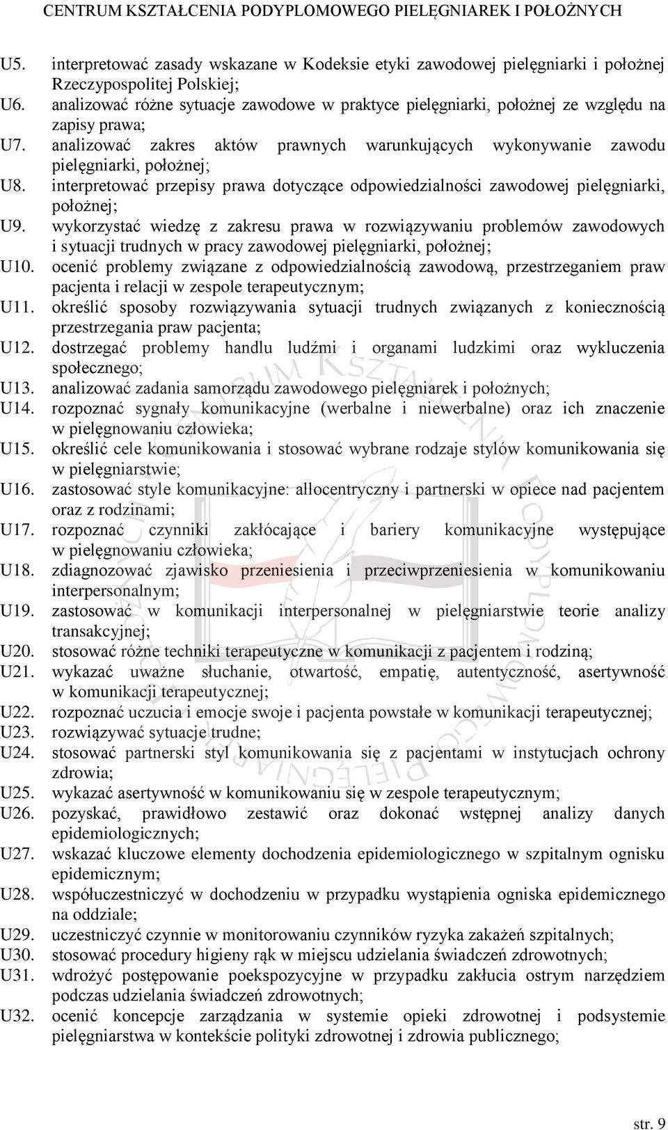 interpretować przepisy prawa dotyczące odpowiedzialności zawodowej pielęgniarki, położnej; U9.