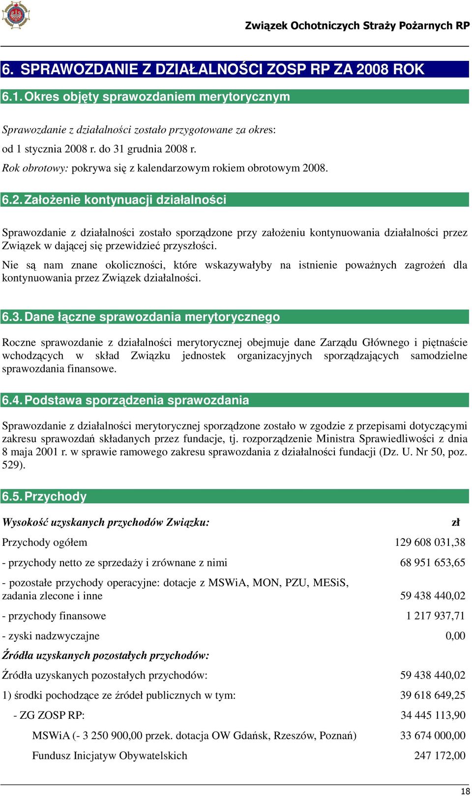 08. 6.2. Założenie kontynuacji działalności Sprawozdanie z działalności zostało sporządzone przy założeniu kontynuowania działalności przez Związek w dającej się przewidzieć przyszłości.