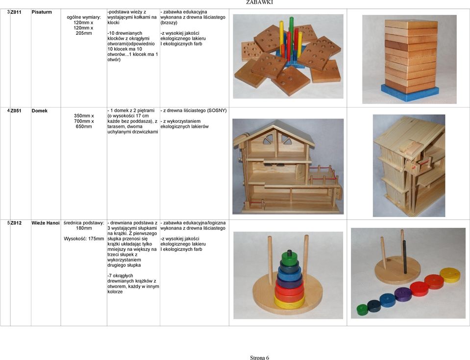 ..1 klocek ma 1 otwór) 4 Z051 Domek 5 Z012 Wieże Hanoi średnica podstawy: - drewniana podstawa z 180mm 3 wystającymi słupkami na krążki.