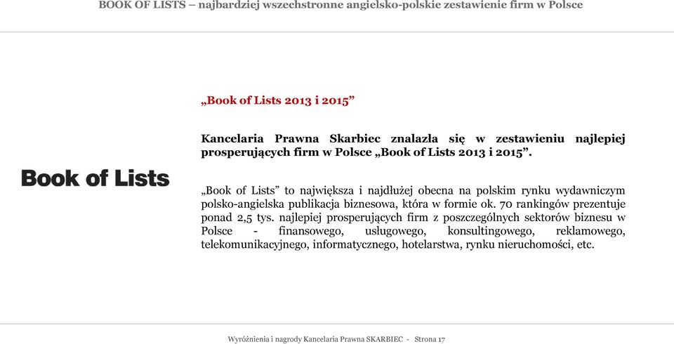 Book of Lists to największa i najdłużej obecna na polskim rynku wydawniczym polsko-angielska publikacja biznesowa, która w formie ok.