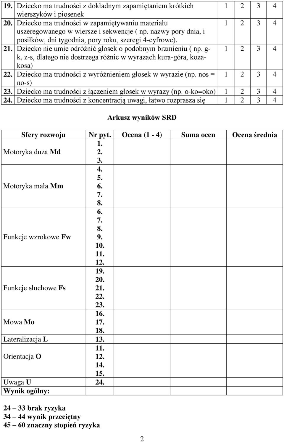 g- 1 2 3 4 k, z-s, dlatego nie dostrzega różnic w wyrazach kura-góra, kozakosa) 22. Dziecko ma trudności z wyróżnieniem głosek w wyrazie (np. nos = 1 2 3 4 no-s) 23.