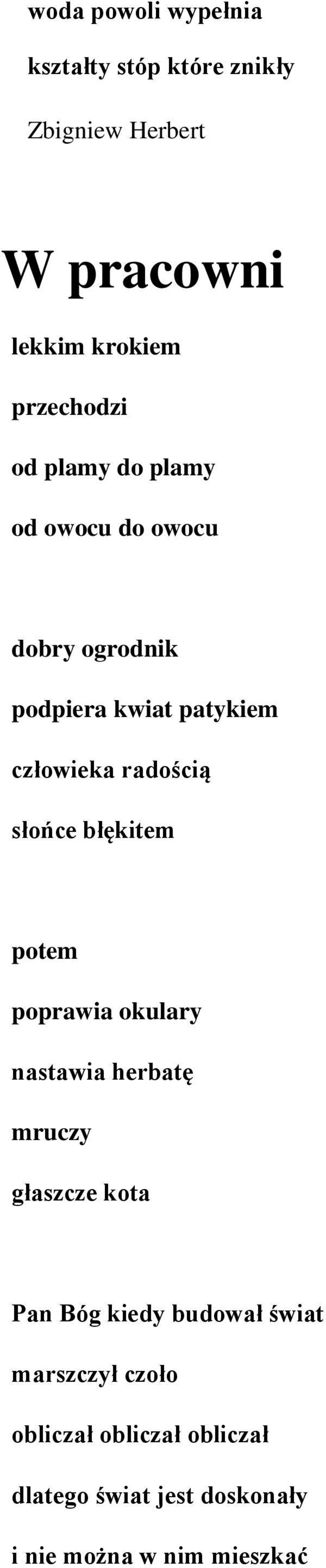 błękitem potem poprawia okulary nastawia herbatę mruczy głaszcze kota Pan Bóg kiedy budował