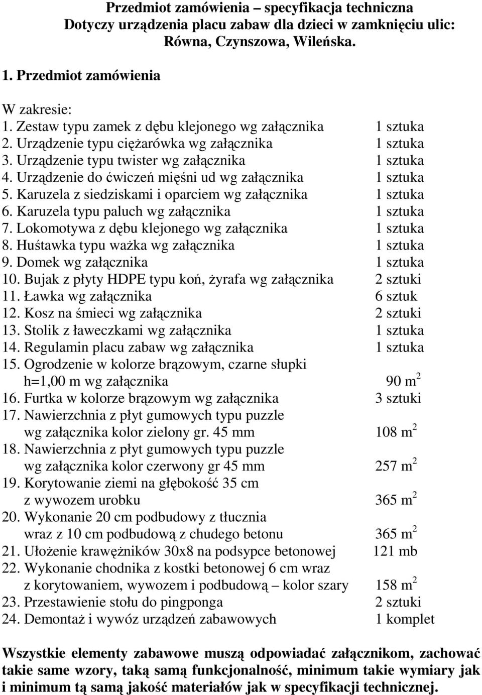 Urządzenie do ćwiczeń mięśni ud wg załącznika 1 sztuka 5. Karuzela z siedziskami i oparciem wg załącznika 1 sztuka 6. Karuzela typu paluch wg załącznika 1 sztuka 7.