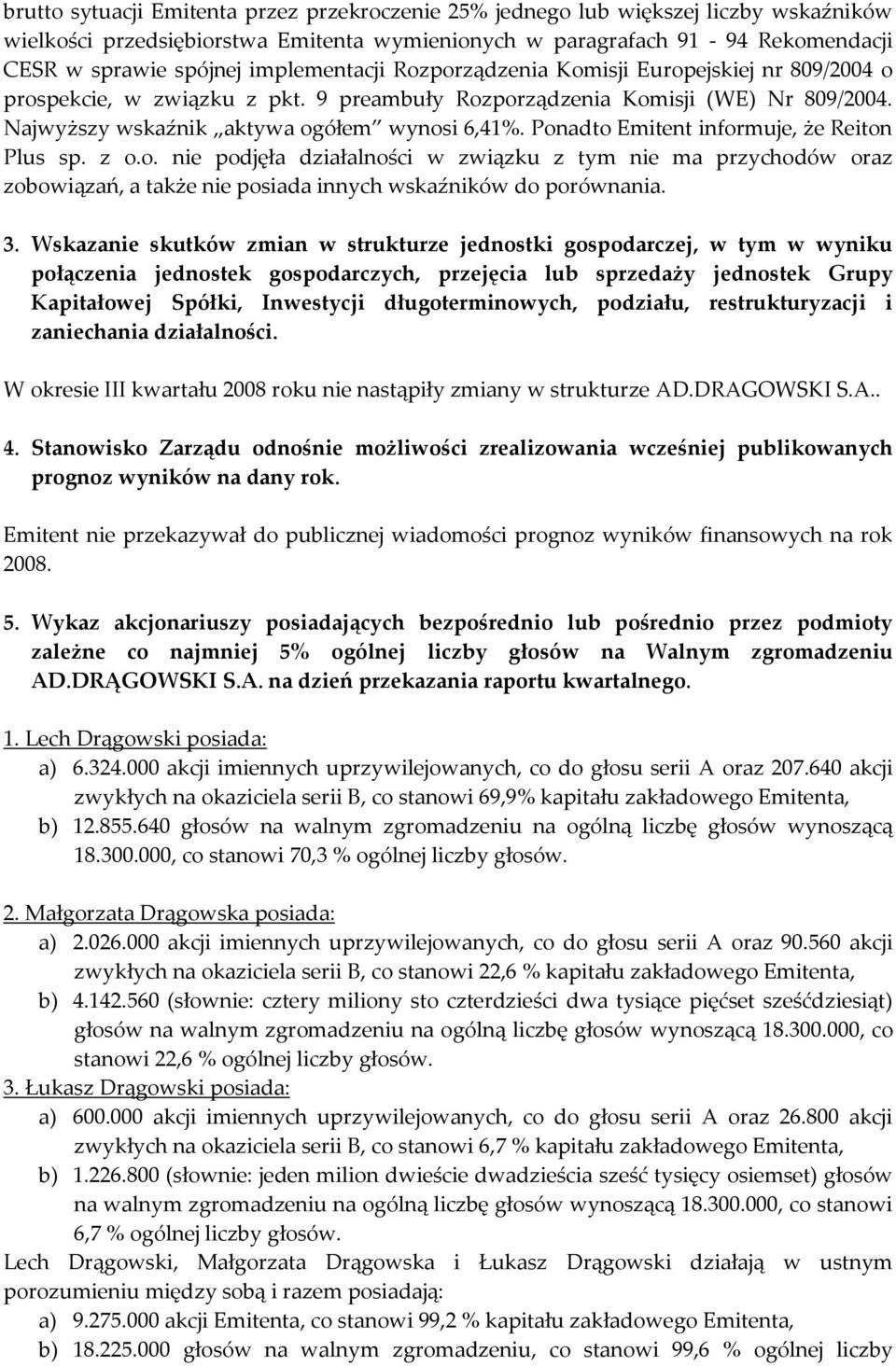 Ponadto Emitent informuje, że Reiton Plus sp. z o.o. nie podjęła działalności w związku z tym nie ma przychodów oraz zobowiązań, a także nie posiada innych wskaźników do porównania. 3.