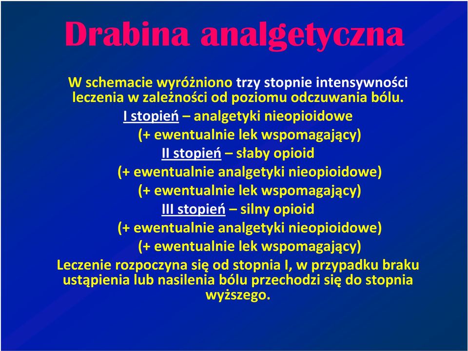 nieopioidowe) (+ ewentualnie lek wspomagający) III stopień silny opioid (+ ewentualnie analgetyki nieopioidowe) (+