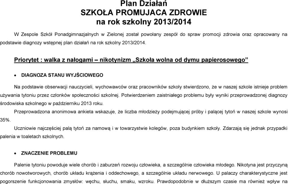 Priorytet : walka z nałogami nikotynizm Szkoła wolna od dymu papierosowego DIAGNOZA STANU WYJŚCIOWEGO Na podstawie obserwacji nauczycieli, wychowawców oraz pracowników szkoły stwierdzono, że w naszej