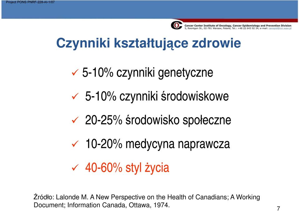 40-60% styl życia Źródło: Lalonde M.