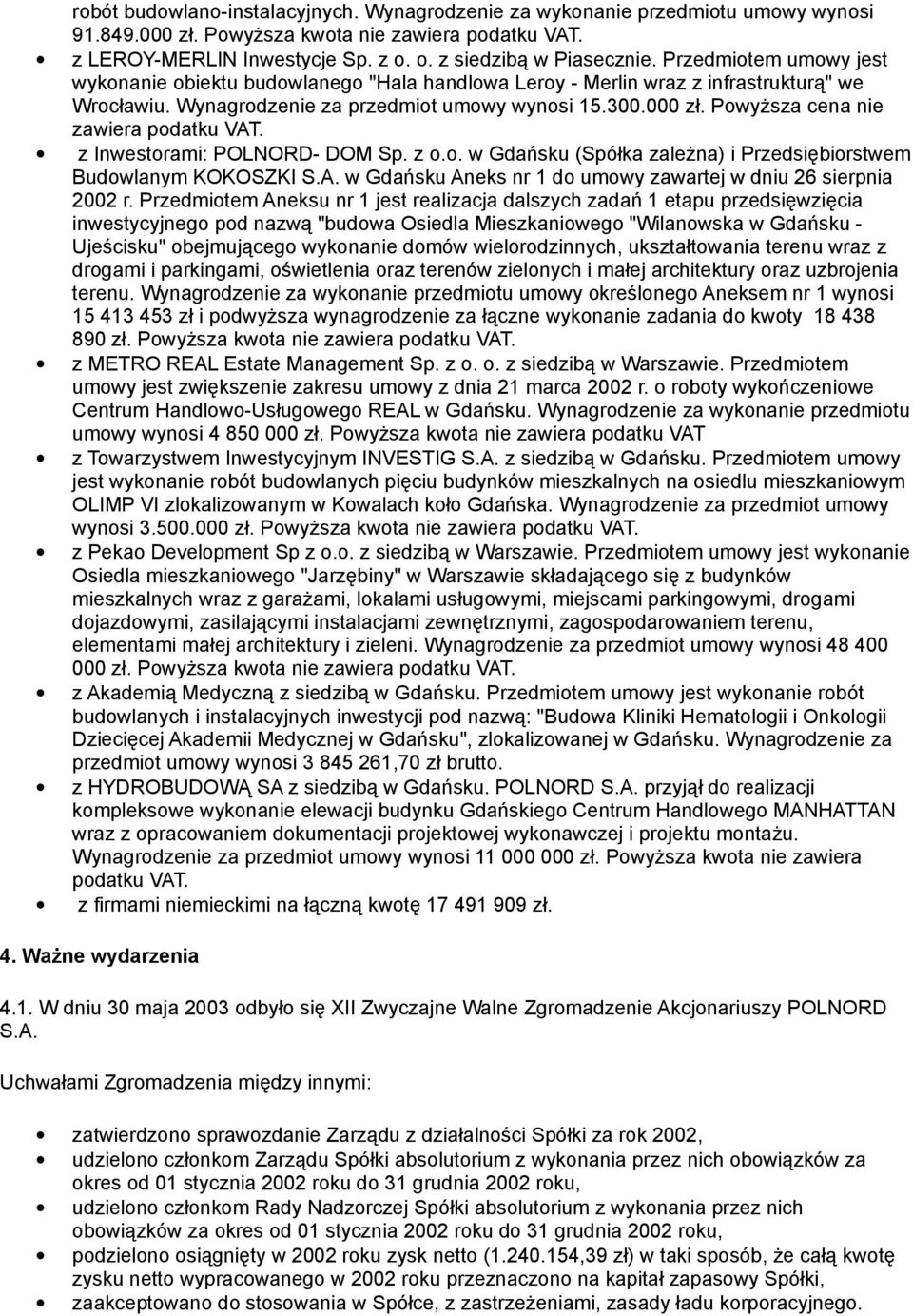 Powyższa cena nie zawiera podatku VAT. z Inwestorami: POLNORD- DOM Sp. z o.o. w Gdańsku (Spółka zależna) i Przedsiębiorstwem Budowlanym KOKOSZKI S.A. w Gdańsku Aneks nr 1 do umowy zawartej w dniu 26 sierpnia 2002 r.