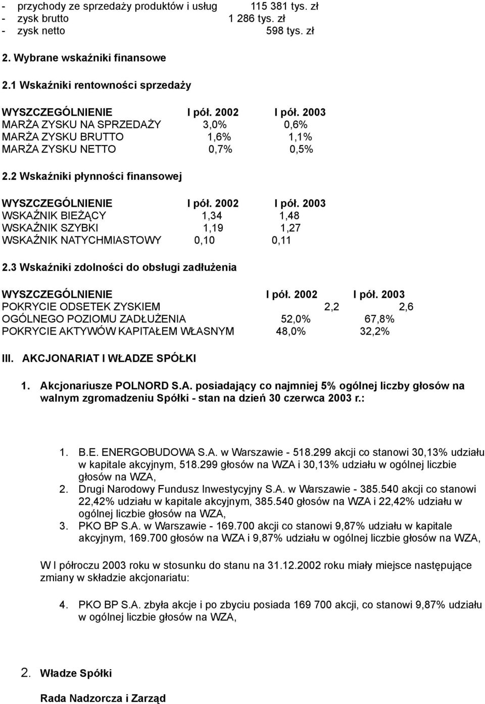 2 Wskaźniki płynności finansowej WYSZCZEGÓLNIENIE I pół. 2002 I pół. 2003 WSKAŹNIK BIEŻĄCY 1,34 1,48 WSKAŹNIK SZYBKI 1,19 1,27 WSKAŹNIK NATYCHMIASTOWY 0,10 0,11 2.