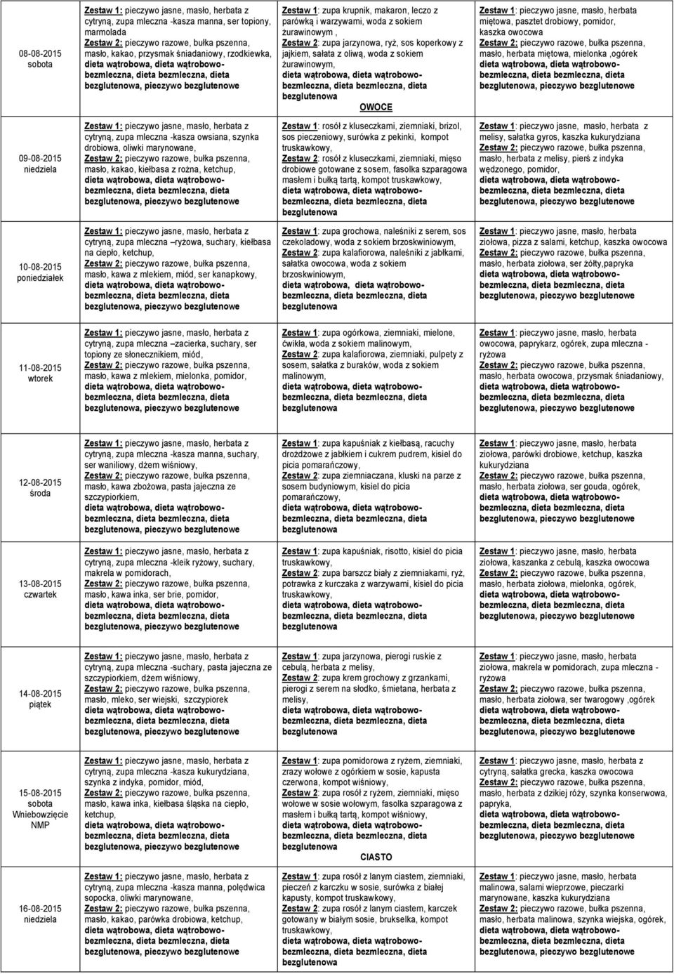 cytryną, zupa mleczna -kasza owsiana, szynka drobiowa, oliwki marynowane, masło, kakao, kiełbasa z rożna, ketchup, Zestaw 1: rosół z kluseczkami, ziemniaki, brizol, sos pieczeniowy, surówka z