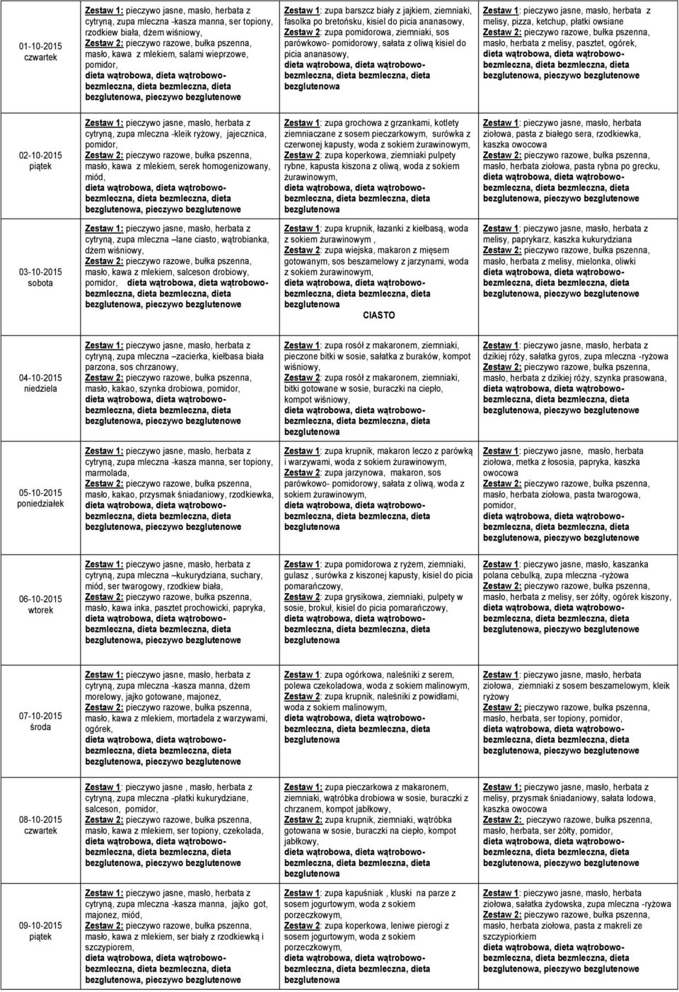 pasztet, 02-10-2015 cytryną, zupa mleczna -kleik ryżowy, jajecznica, masło, kawa z mlekiem, serek homogenizowany, miód, Zestaw 1: zupa grochowa z grzankami, kotlety ziemniaczane z sosem pieczarkowym,