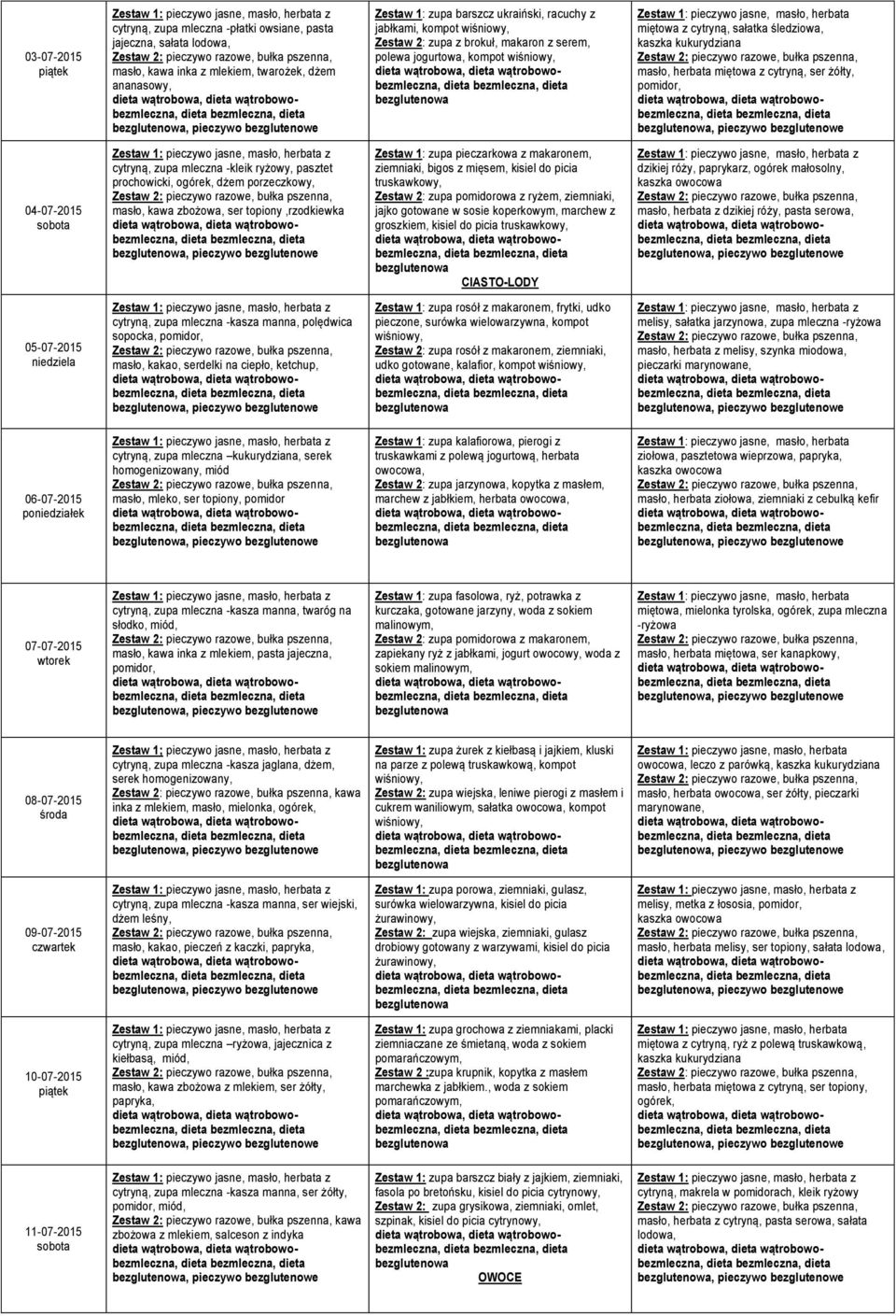 ryżowy, pasztet prochowicki, dżem porzeczkowy, masło, kawa zbożowa, ser topiony,rzodkiewka Zestaw 1: zupa pieczarkowa z makaronem, ziemniaki, bigos z mięsem, kisiel do picia Zestaw 2: zupa pomidorowa