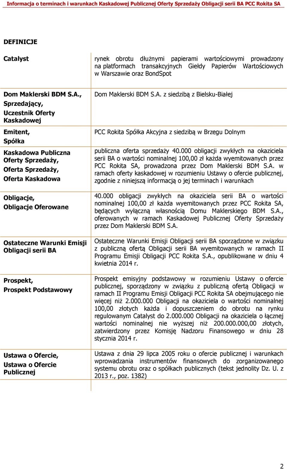 serii BA Prospekt, Prospekt Podstawowy Ustawa o Ofercie, Ustawa o Ofercie Publicznej Dom Maklerski BDM S.A. z siedzibą z Bielsku-Białej PCC Rokita Spółka Akcyjna z siedzibą w Brzegu Dolnym publiczna oferta sprzedaży 40.