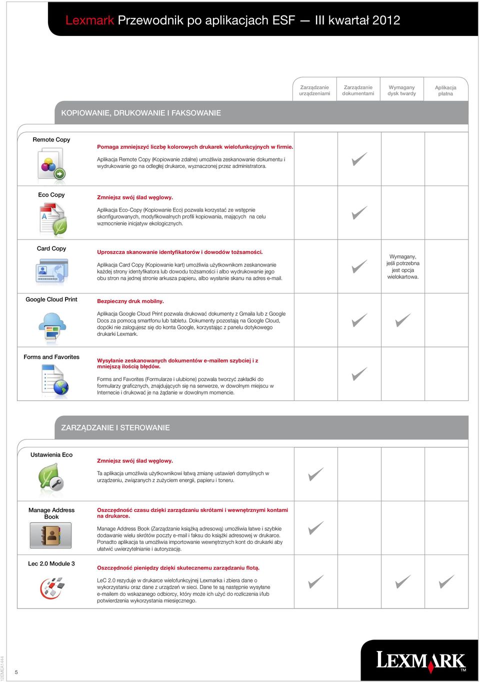 Aplikacja Eco-Copy (Kopiowanie Eco) pozwala korzystać ze wstępnie skonfigurowanych, modyfikowalnych profili kopiowania, mających na celu wzmocnienie inicjatyw ekologicznych.