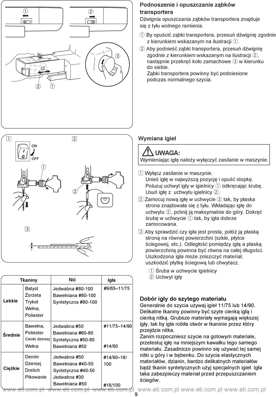 z x Wymiana igił c Tkaniny Batyst Żożta Tykot Włna, Polist Nić Jdabna #80-100 Bałniana #80-100 Synttyczna #80-100 Igła #9/65 11/75 UWAGA: Wyminiając igłę nalży yłączyć zasilani maszyni.