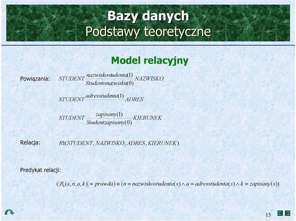 Relacja: R1( STUDENT, NAZWISKO, ADRES, KIERUNEK) Predykat relacji: ( R 1( s,