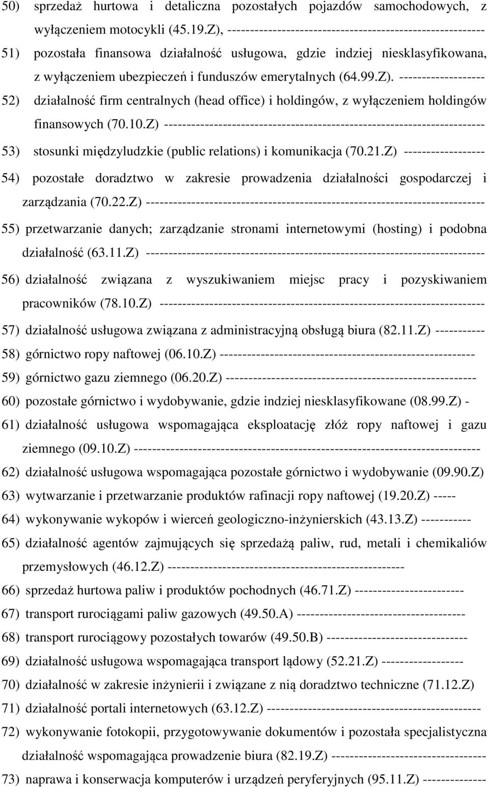 Z). ------------------- 52) działalność firm centralnych (head office) i holdingów, z wyłączeniem holdingów finansowych (70.10.