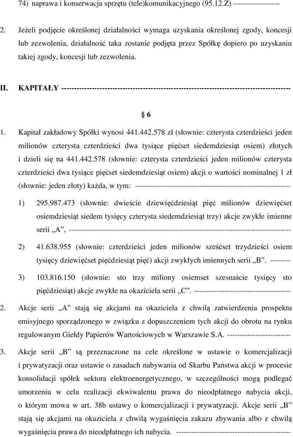 zezwolenia. II. KAPITAŁY ------------------------------------------------------------------------------------------ 6 1. Kapitał zakładowy Spółki wynosi 441.442.