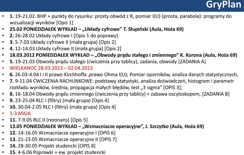 Korona (Aula, Hoża 69) 5. 19-21.03 Obwody prądu stałego (ćwiczenia przy tablicy), zadania, obwody [ZADANIA A] WIELKANOC 28.03.2013 02.04.2013 6. 26.03-4.