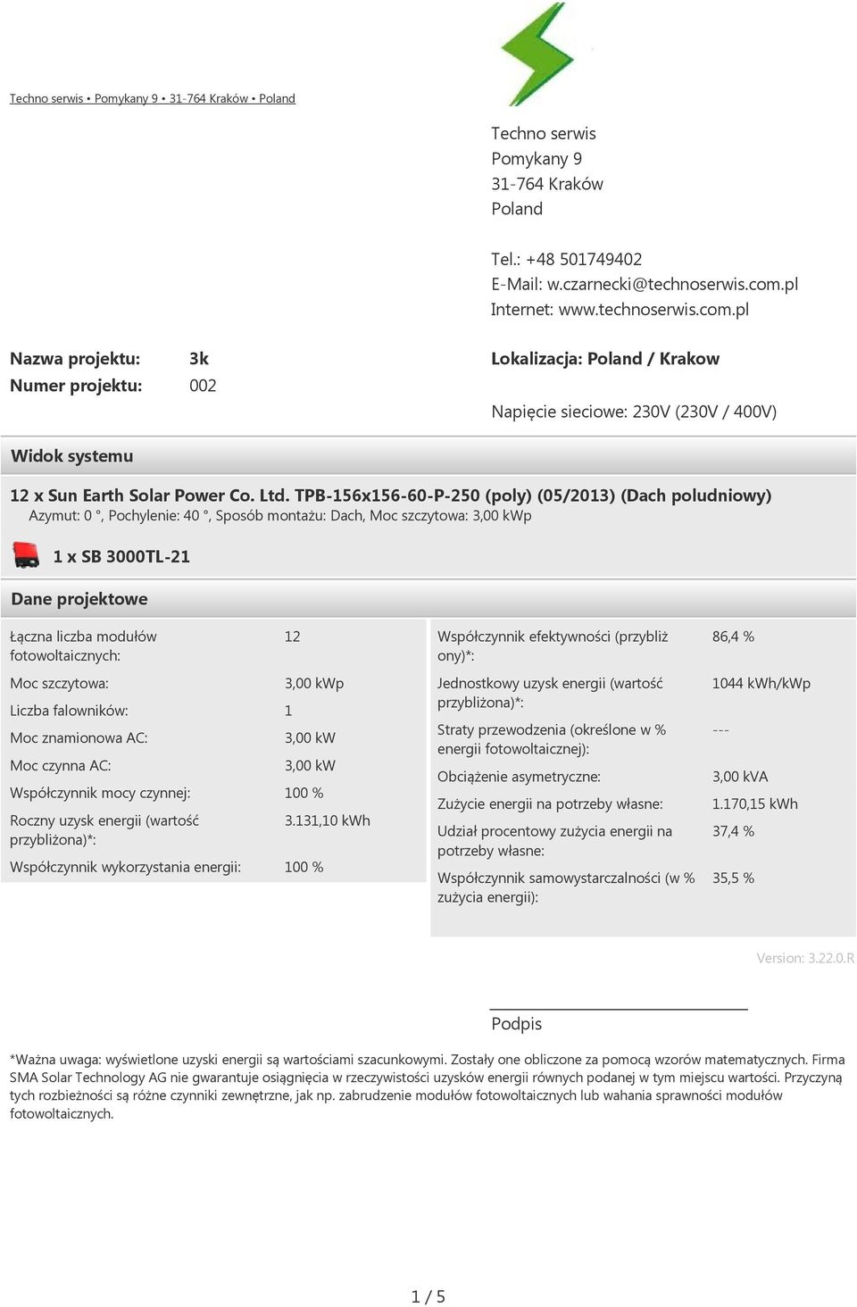 TPB-56x56-60-P-250 (poly) (05/203) (Dach poludniowy) Azymut: 0, Pochylenie: 40, Sposób montażu: Dach, Moc szczytowa: x SB 3000TL-2 Dane projektowe Łączna liczba modułów fotowoltaicznych: 2