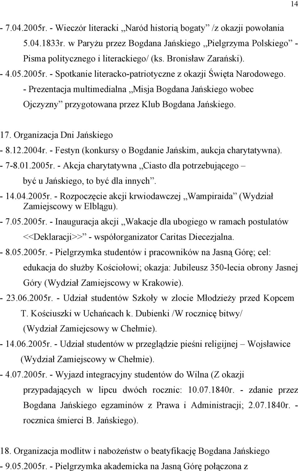 - Prezentacja multimedialna Misja Bogdana Jańskiego wobec Ojczyzny przygotowana przez Klub Bogdana Jańskiego. 17. Organizacja Dni Jańskiego - 8.12.2004r.