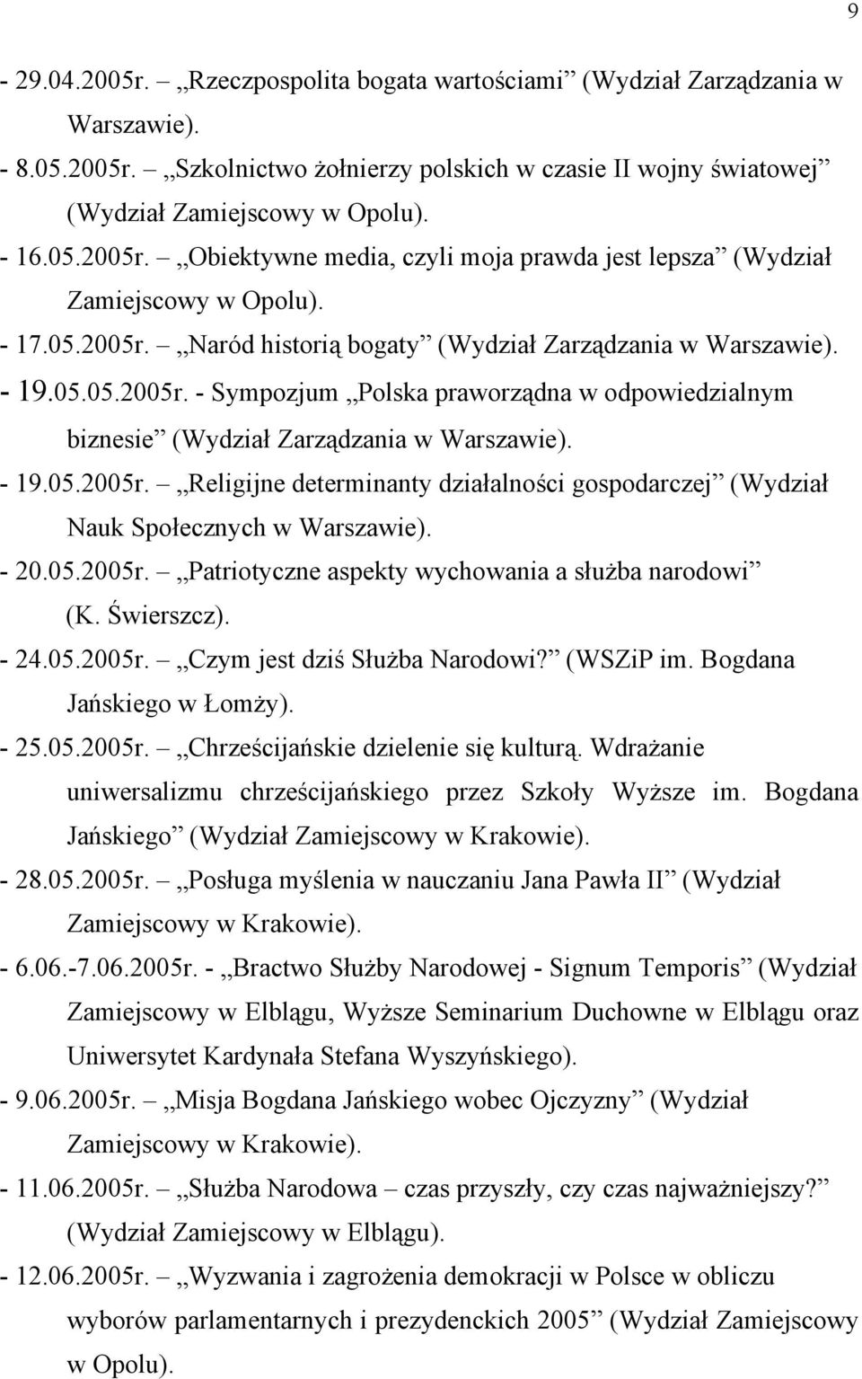 - 20.05.2005r. Patriotyczne aspekty wychowania a służba narodowi (K. Świerszcz). - 24.05.2005r. Czym jest dziś Służba Narodowi? (WSZiP im. Bogdana Jańskiego w Łomży). - 25.05.2005r. Chrześcijańskie dzielenie się kulturą.