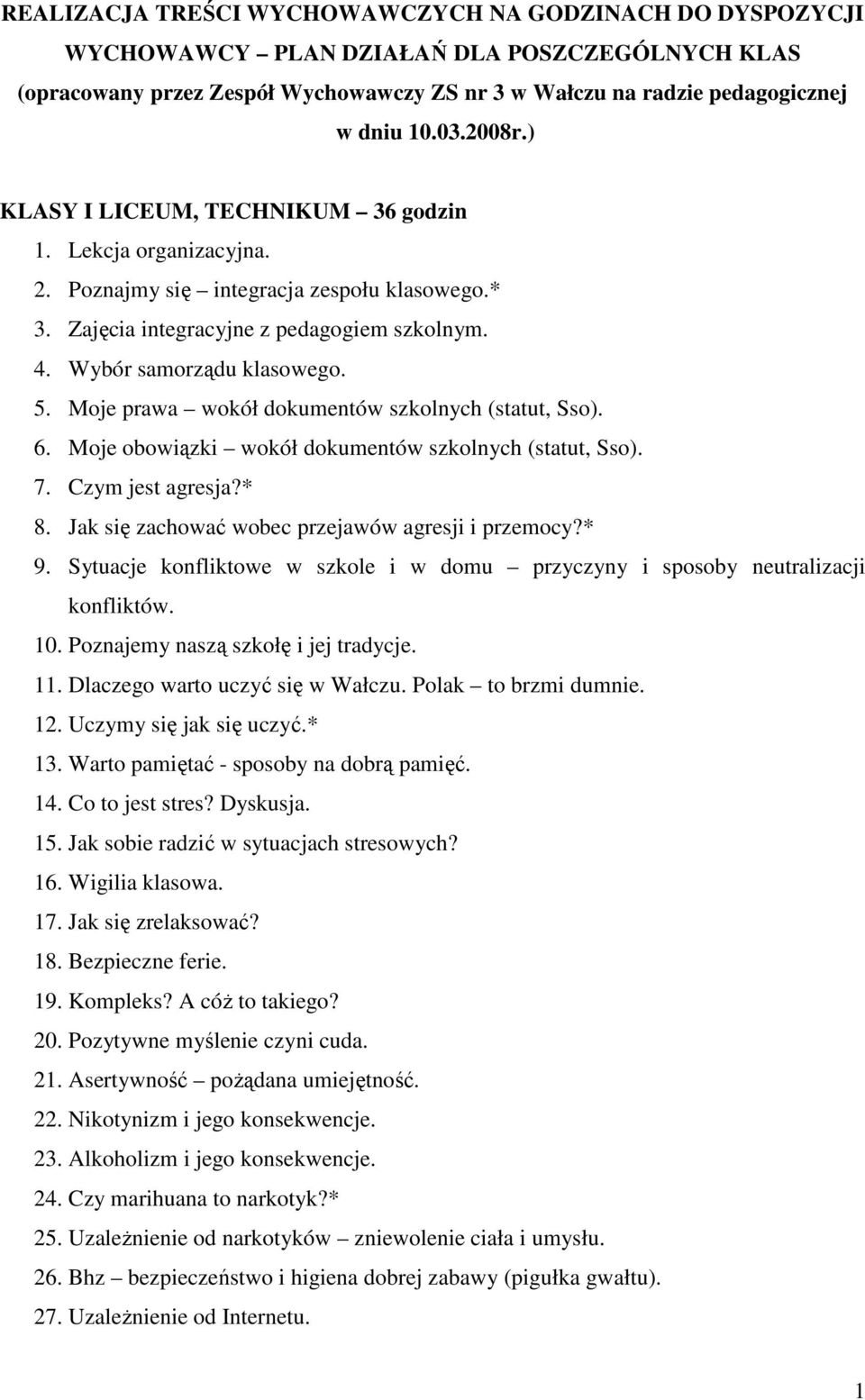 Moje prawa wokół dokumentów szkolnych (statut, Sso). 6. Moje obowiązki wokół dokumentów szkolnych (statut, Sso). 7. Czym jest agresja?* 8. Jak się zachować wobec przejawów agresji i przemocy?* 9.