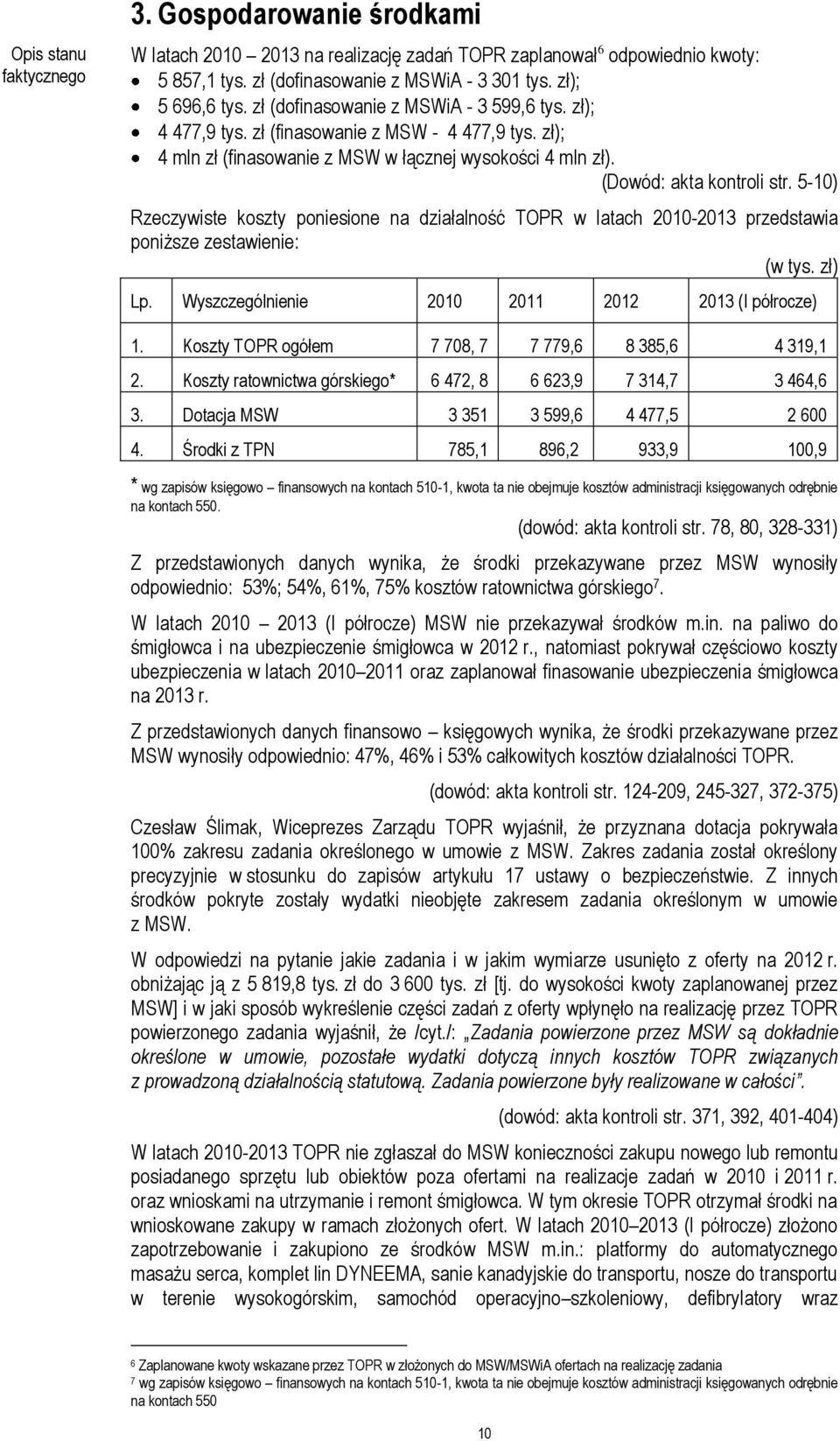 5-10) Rzeczywiste koszty poniesione na działalność TOPR w latach 2010-2013 przedstawia poniższe zestawienie: (w tys. zł) Lp. Wyszczególnienie 2010 2011 2012 2013 (I półrocze) 1.