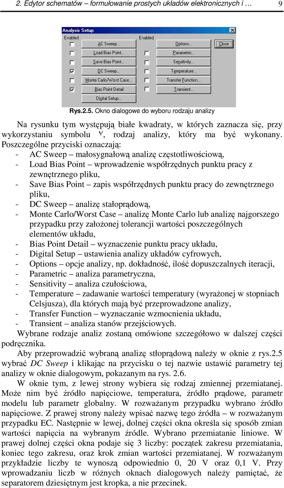 Poszczególne przyciski oznaczaj: - AC Sweep małosygnałow analiz czstotliwociow, - Load Bias Point wprowadzenie współrzdnych punktu pracy z zewntrznego pliku, - Save Bias Point zapis współrzdnych