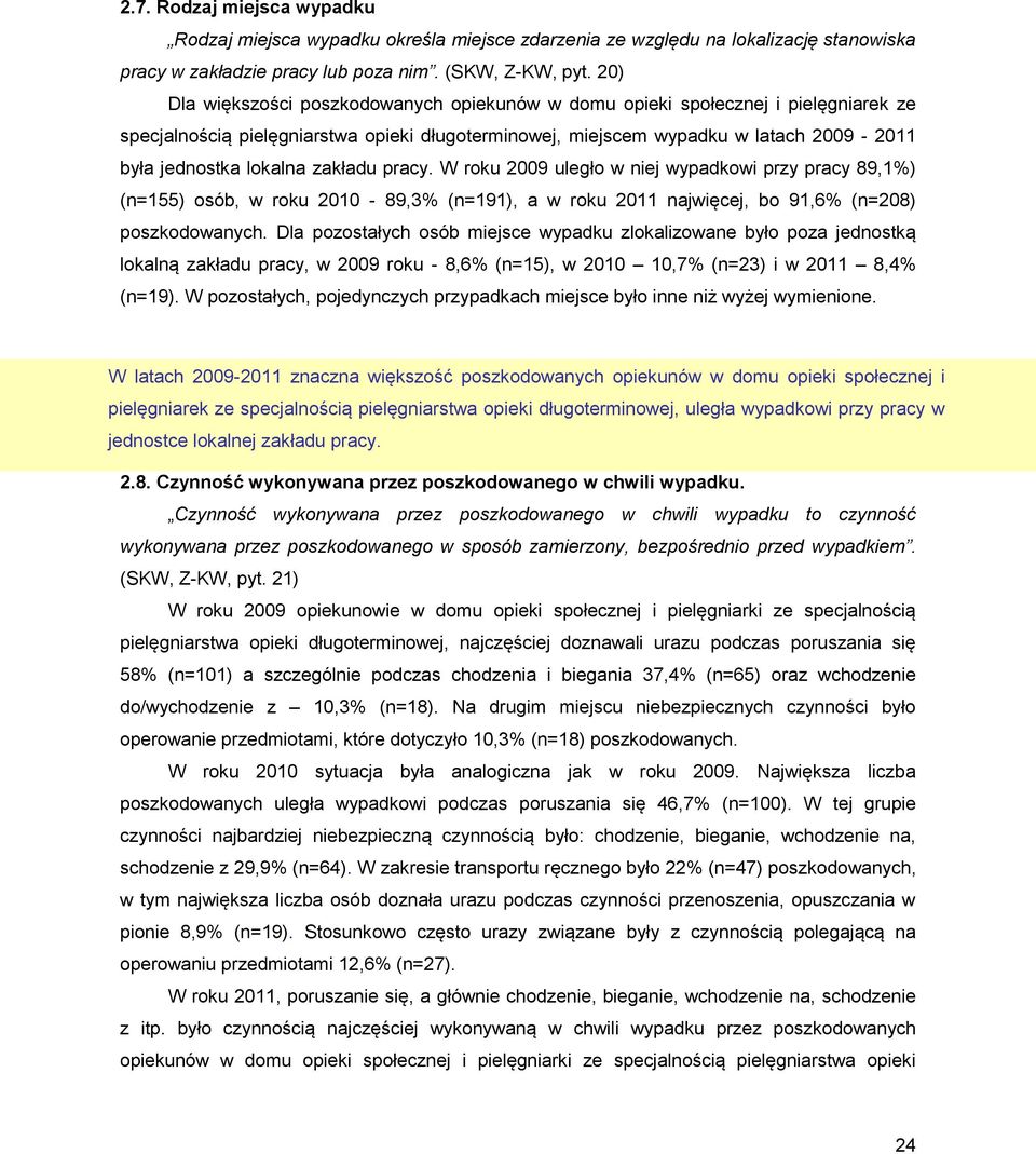 zakładu pracy. W roku 2009 uległo w niej wypadkowi przy pracy 89,1%) (n=155) osób, w roku 2010-89,3% (n=191), a w roku 2011 najwięcej, bo 91,6% (n=208) poszkodowanych.