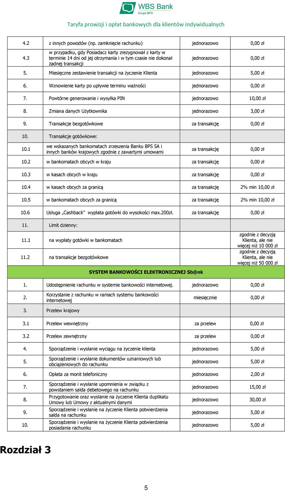 Transakcje bezgotówkowe za transakcję 10. Transakcje gotówkowe: 10.1 we wskazanych bankomatach zrzeszenia Banku BPS SA i innych banków krajowych zgodnie z zawartymi umowami za transakcję 10.