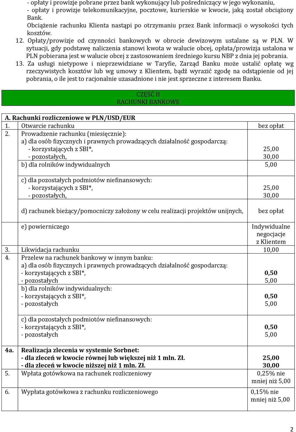 W sytuacji, gdy podstawę naliczenia stanowi kwota w walucie obcej, opłata/prowizja ustalona w PLN pobierana jest w walucie obcej z zastosowaniem średniego kursu NBP z dnia jej pobrania. 13.