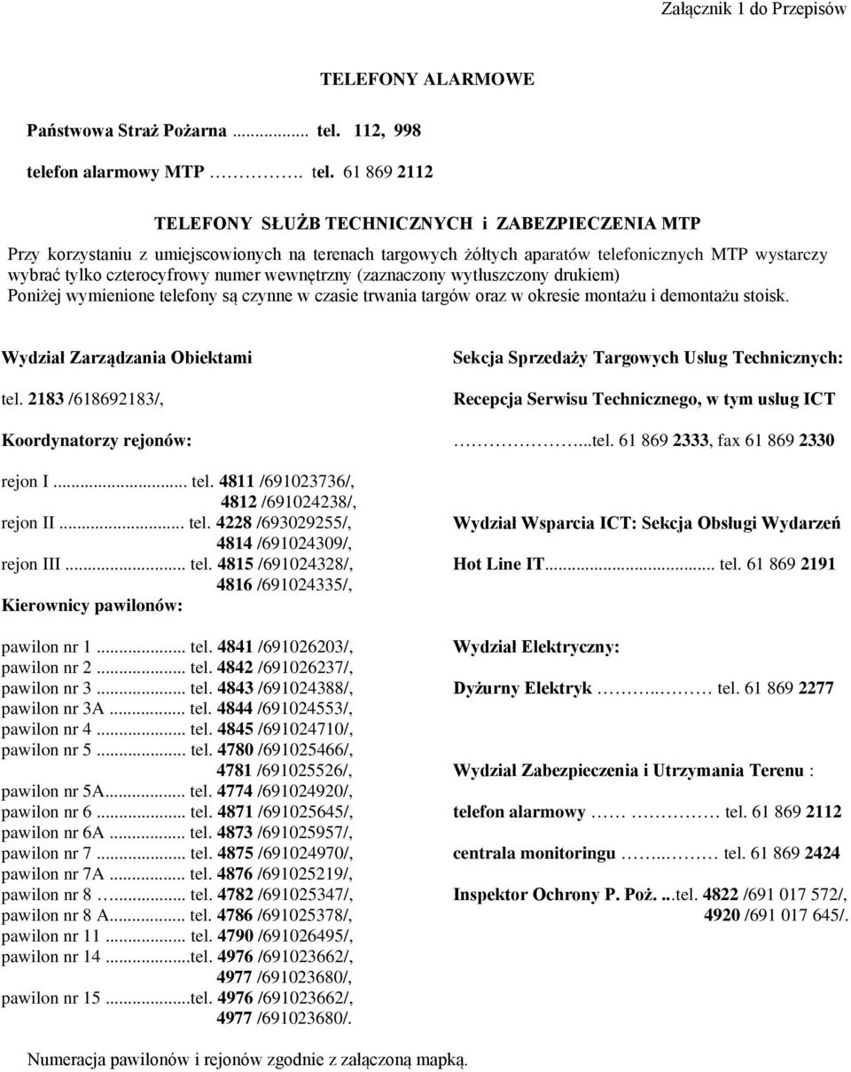 wewnętrzny (zaznaczony wytłuszczony drukie) Poniżej wyienione telefony są czynne w czasie trwania targów oraz w okresie ontażu i deontażu stoisk.