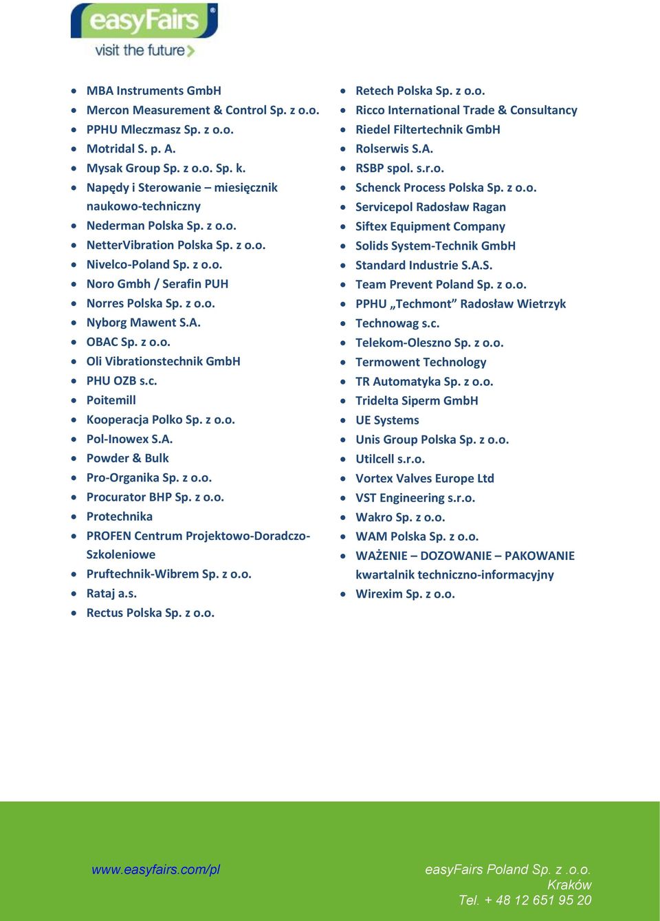 A. OBAC Sp. z o.o. Oli Vibrationstechnik GmbH PHU OZB s.c. Poitemill Kooperacja Polko Sp. z o.o. Pol-Inowex S.A. Powder & Bulk Pro-Organika Sp. z o.o. Procurator BHP Sp. z o.o. Protechnika PROFEN Centrum Projektowo-Doradczo- Szkoleniowe Pruftechnik-Wibrem Sp.