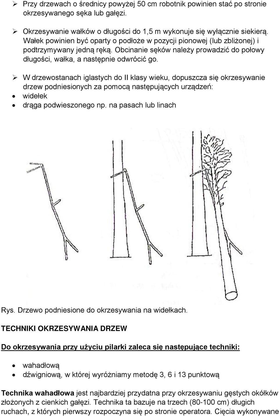 W drzewostanach iglastych do II klasy wieku, dopuszcza się okrzesywanie drzew podniesionych za pomocą następujących urządzeń: widełek drąga podwieszonego np. na pasach lub linach Rys.