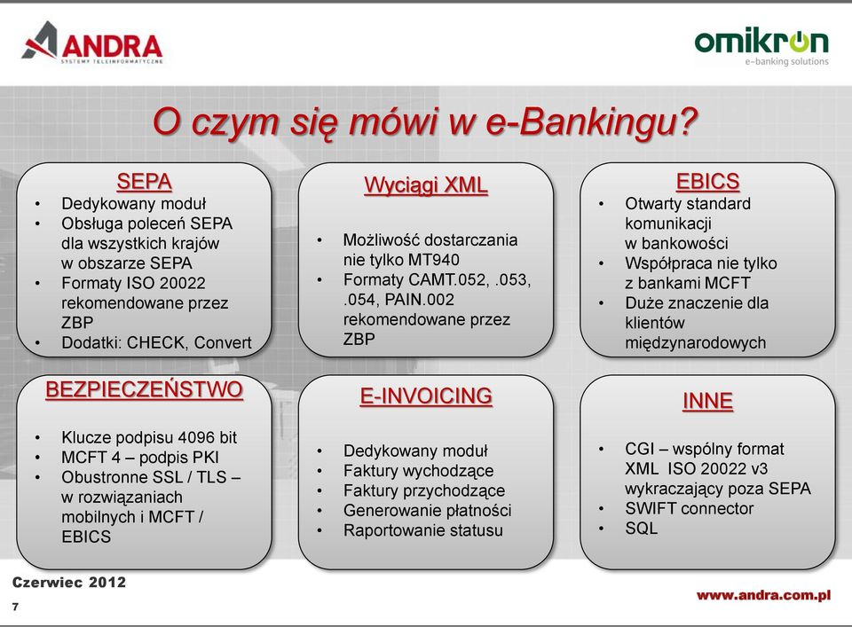 bit MCFT 4 podpis PKI Obustronne SSL / TLS w rozwiązaniach mobilnych i MCFT / EBICS Wyciągi XML Możliwość dostarczania nie tylko MT940 Formaty CAMT.052,.053,.054, PAIN.