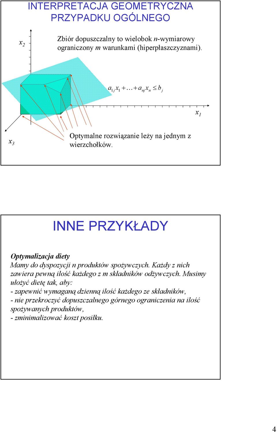 INNE PRZYKŁADY Optymalizacja diety Mamy do dyspozycji n produktów spożywczych.